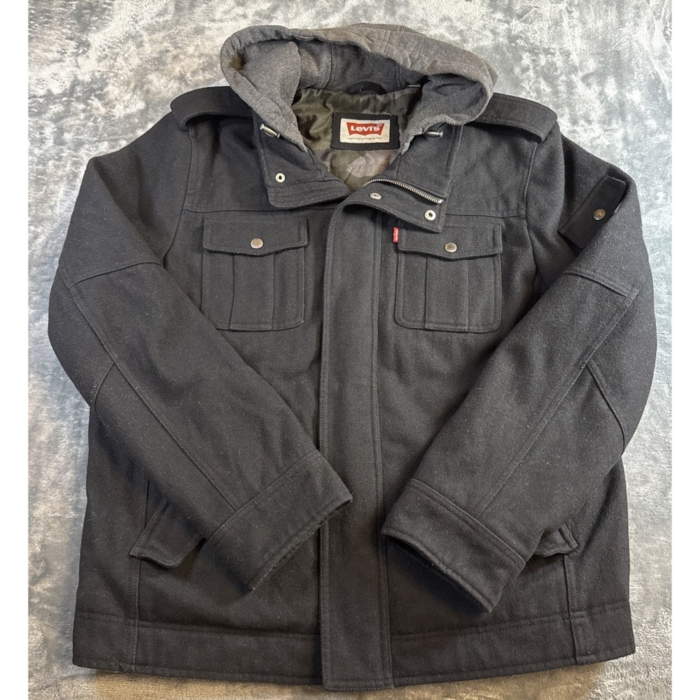 Levis Mens Wool Blend Hooded Military Field Jacket Mens Large Black Camo Lined